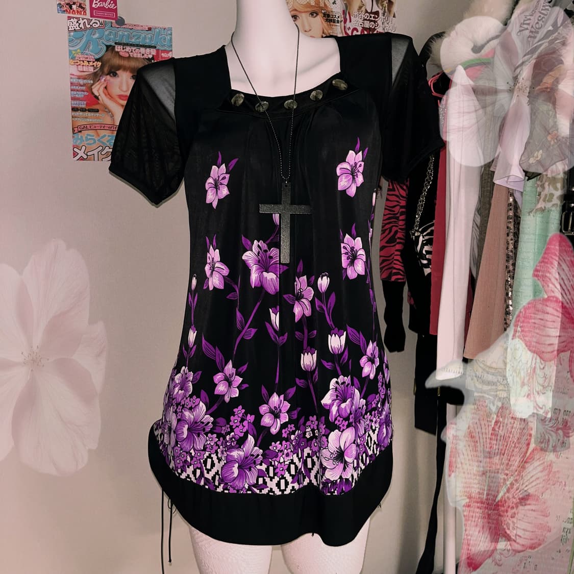 오리엔탈 오네갸루 플라워 패턴 반팔탑 상품이미지1