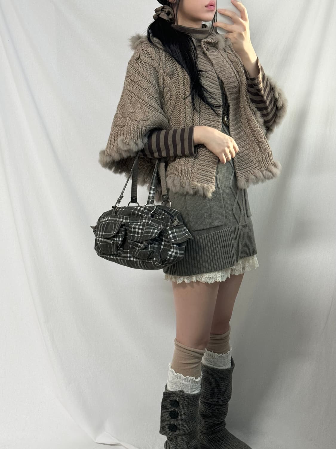 울 혼방 래핏 퍼 트리밍 니트 케이프 가디건 상품이미지6