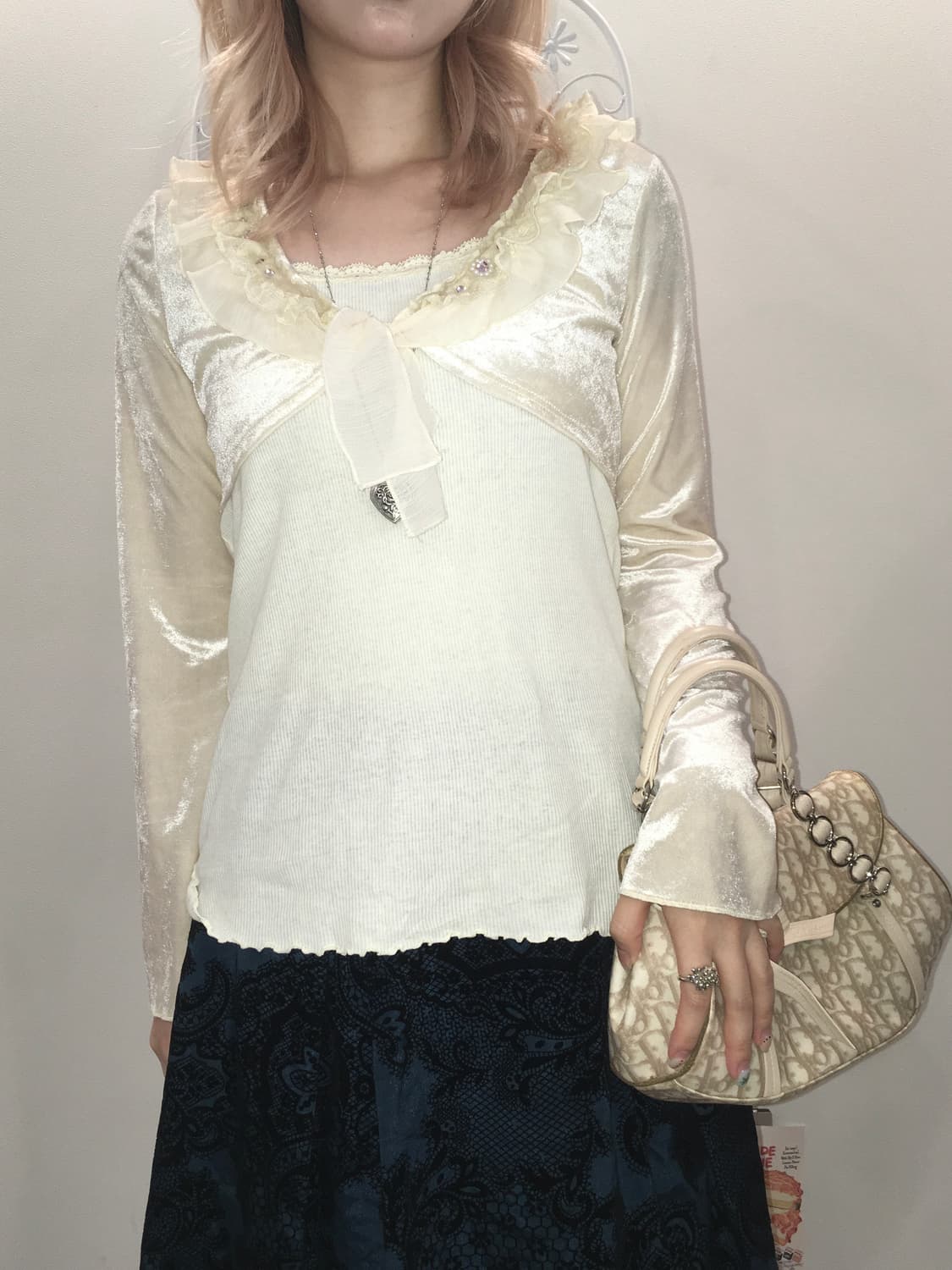 jpn vintage ivory velour lace beads bole 상품이미지6