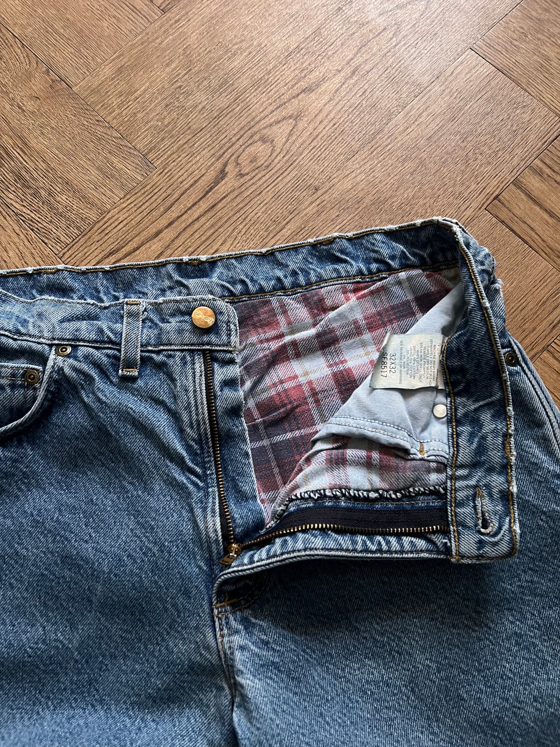 [32]90's 칼하트 유니온메이드 USA 체크 라이닝 워크 데님 팬츠 상품이미지4