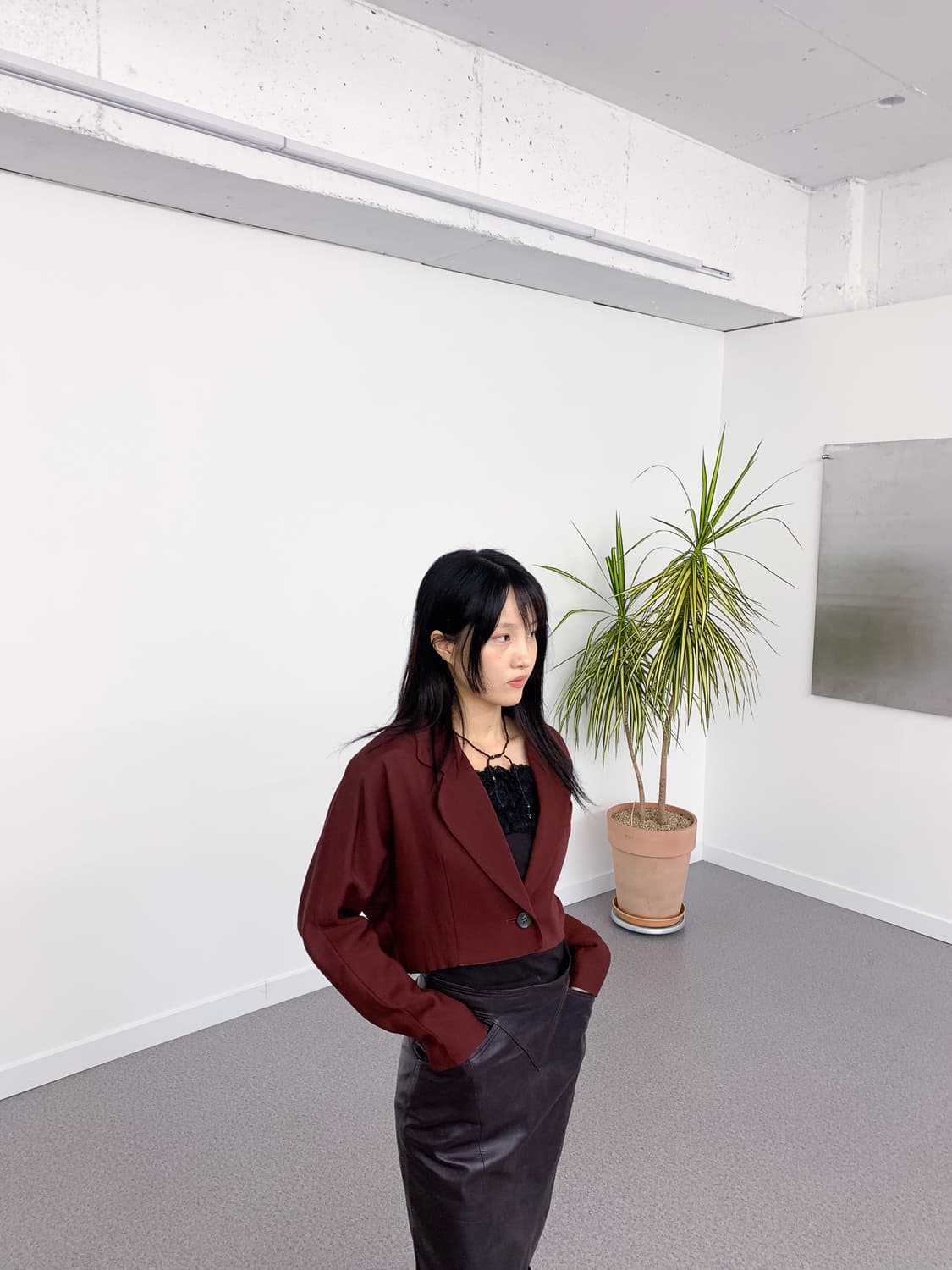 JPN 버건디 울 100% 크롭 블레이저 95-100 상품이미지3