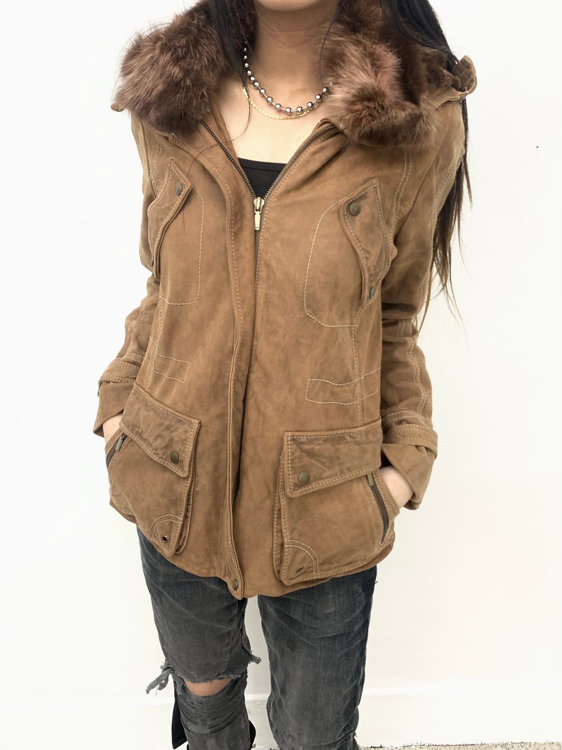 Fox fur trimmed lambskin leather jacket  상품이미지1