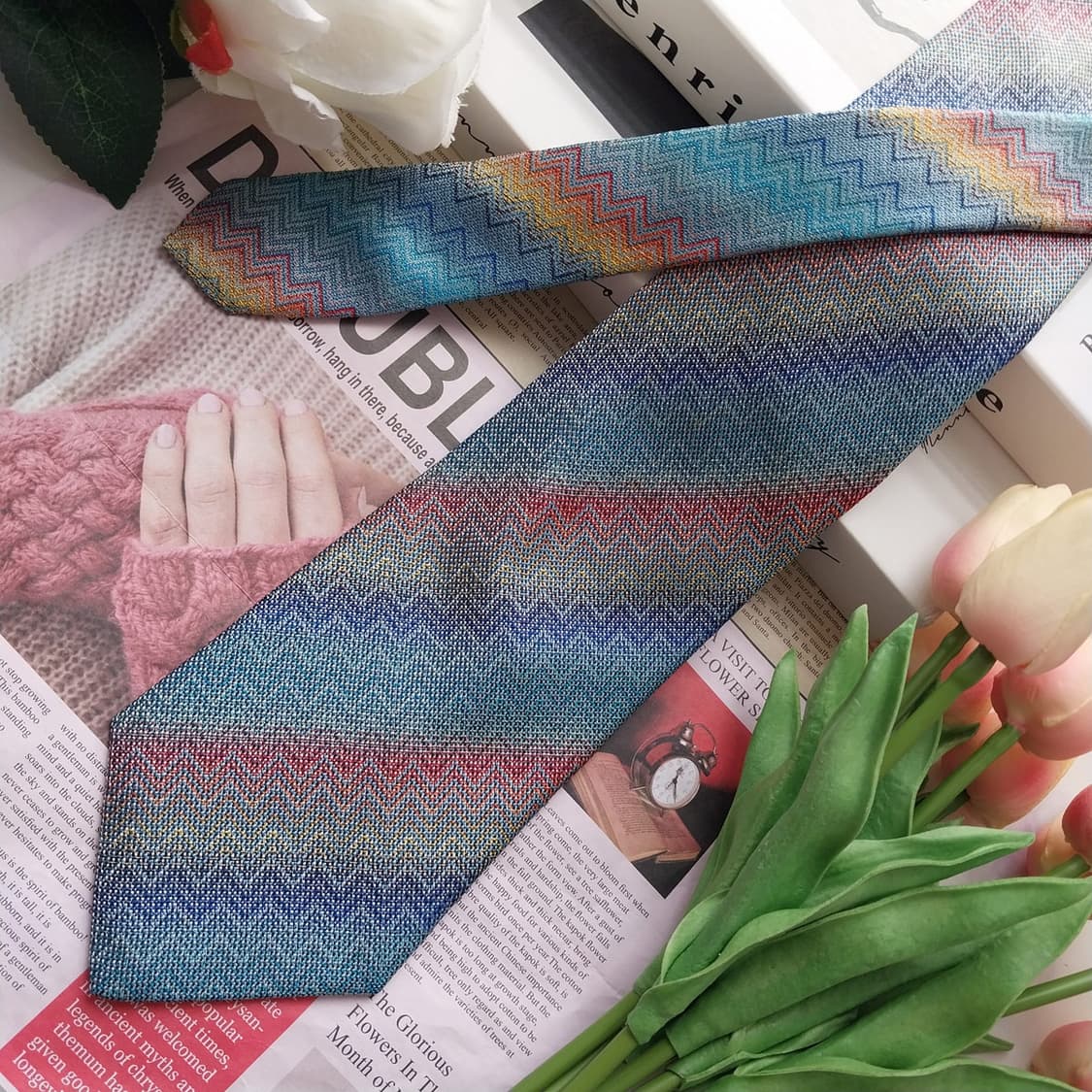 미쏘니 실크 블루 믹스 패턴 넥타이 9.3cm A+~A등급 K2493 상품이미지4