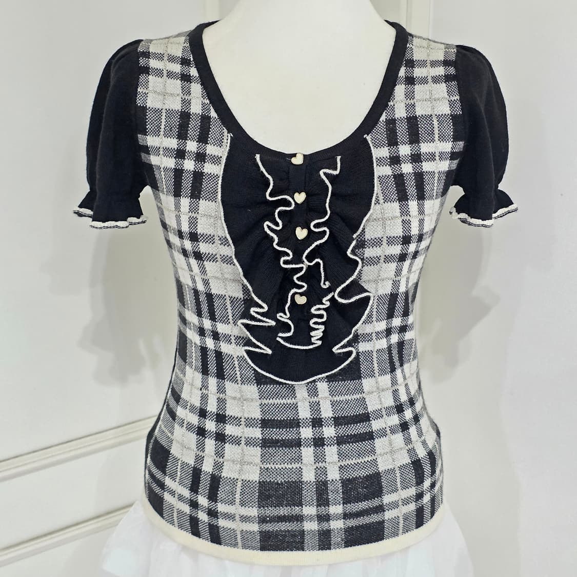 일본빈티지)공겜여주 블랙체크 너드모리걸st 퍼프 러플 하트 니트블라우스 상품이미지5