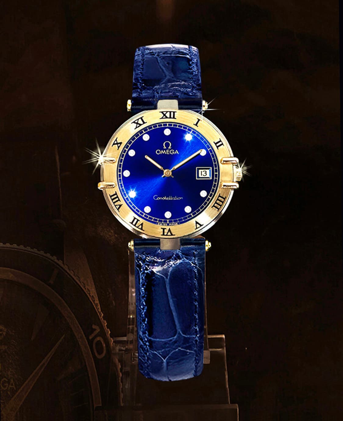 오메가 컨스틸레이션 블루 선레이 11P 다이아몬드 남녀공용 악어 가죽시계 상품이미지2