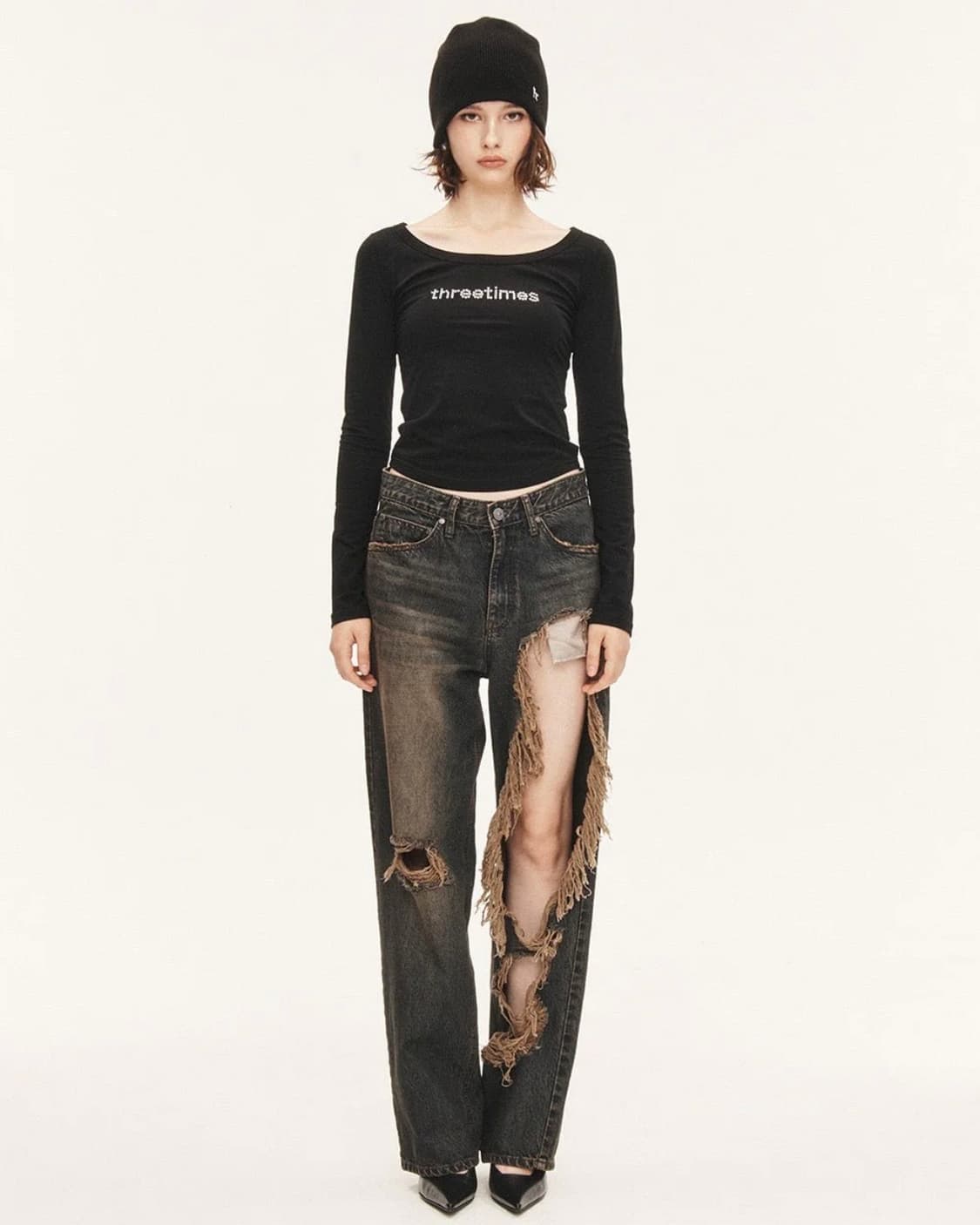 [THREETIMES] Ribbon tab jeans  상품이미지1
