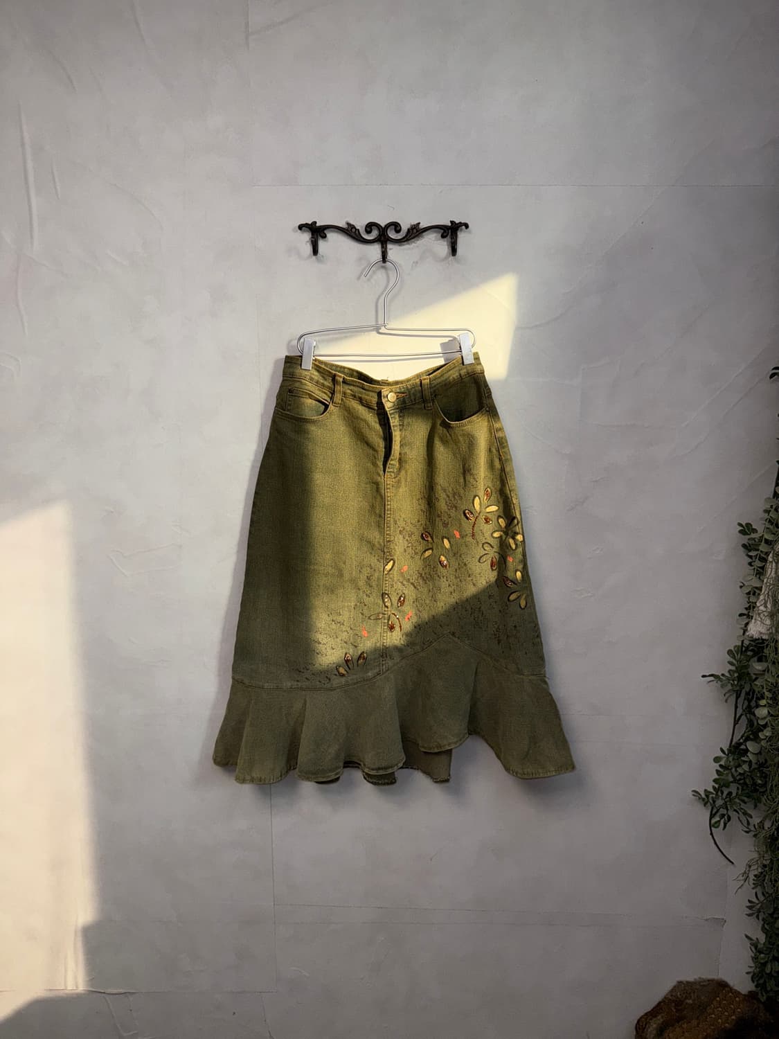 Washing khaki denim oriental beads skirt 상품이미지2