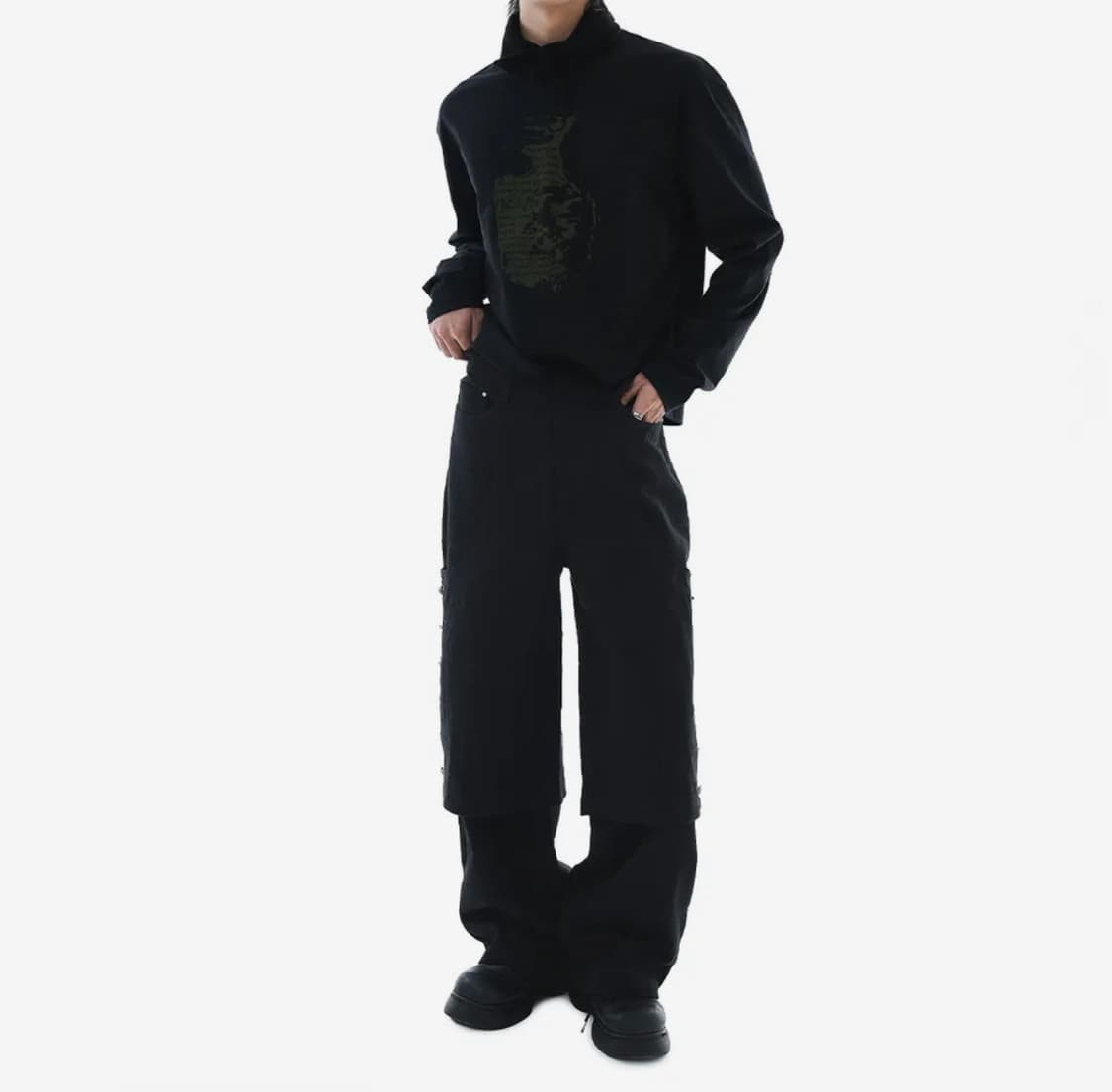 헤오진 플레어 베어리언트 레이어드 와이드 코튼팬츠 블랙  상품이미지8