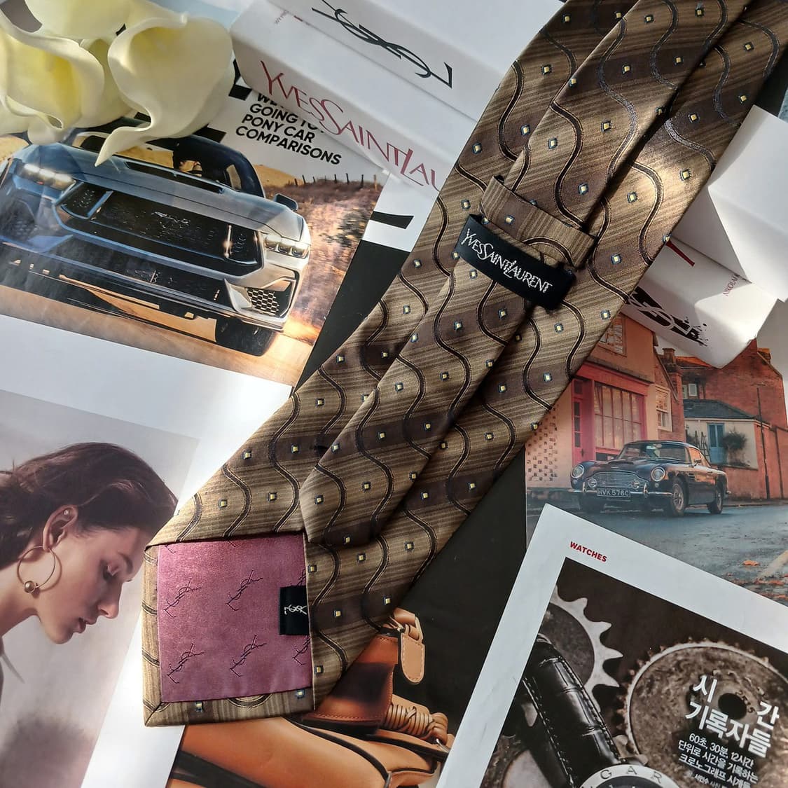 입생로랑 실크 브라운 웨이브 패턴 넥타이 9.6cm A+등급 A18966 상품이미지4