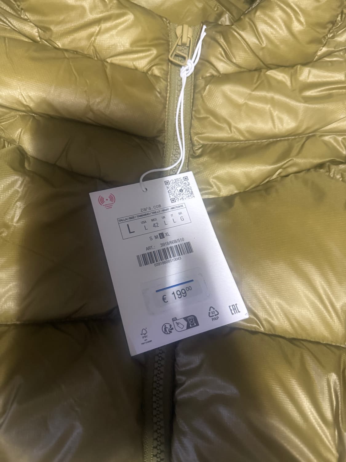 L사이즈 자라 오리진스 후드 다운 패딩 라임 3918/608 상품이미지2