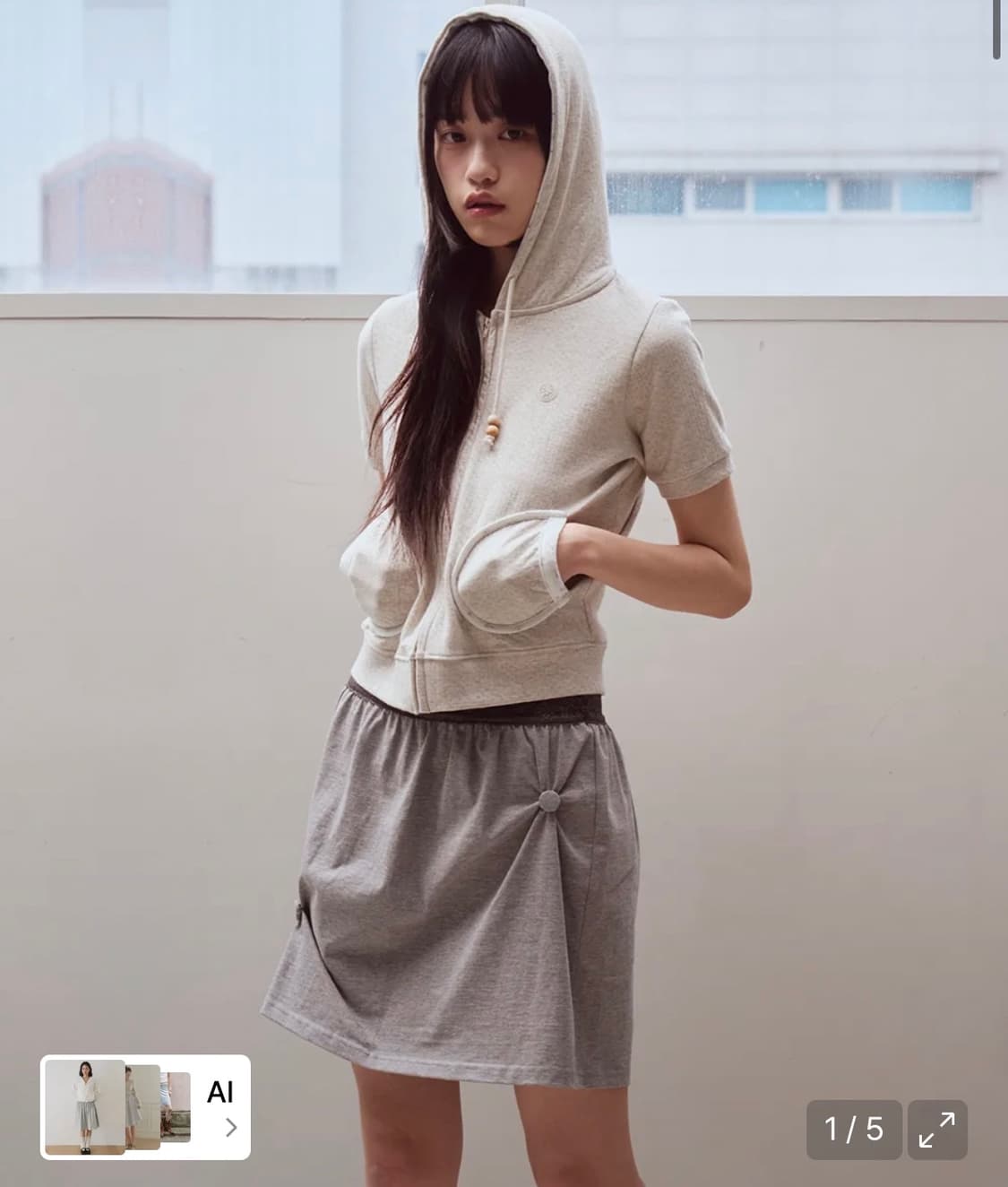 오피쉬 Lace Waist Shirring Skirt 멜란지그레이 상품이미지2