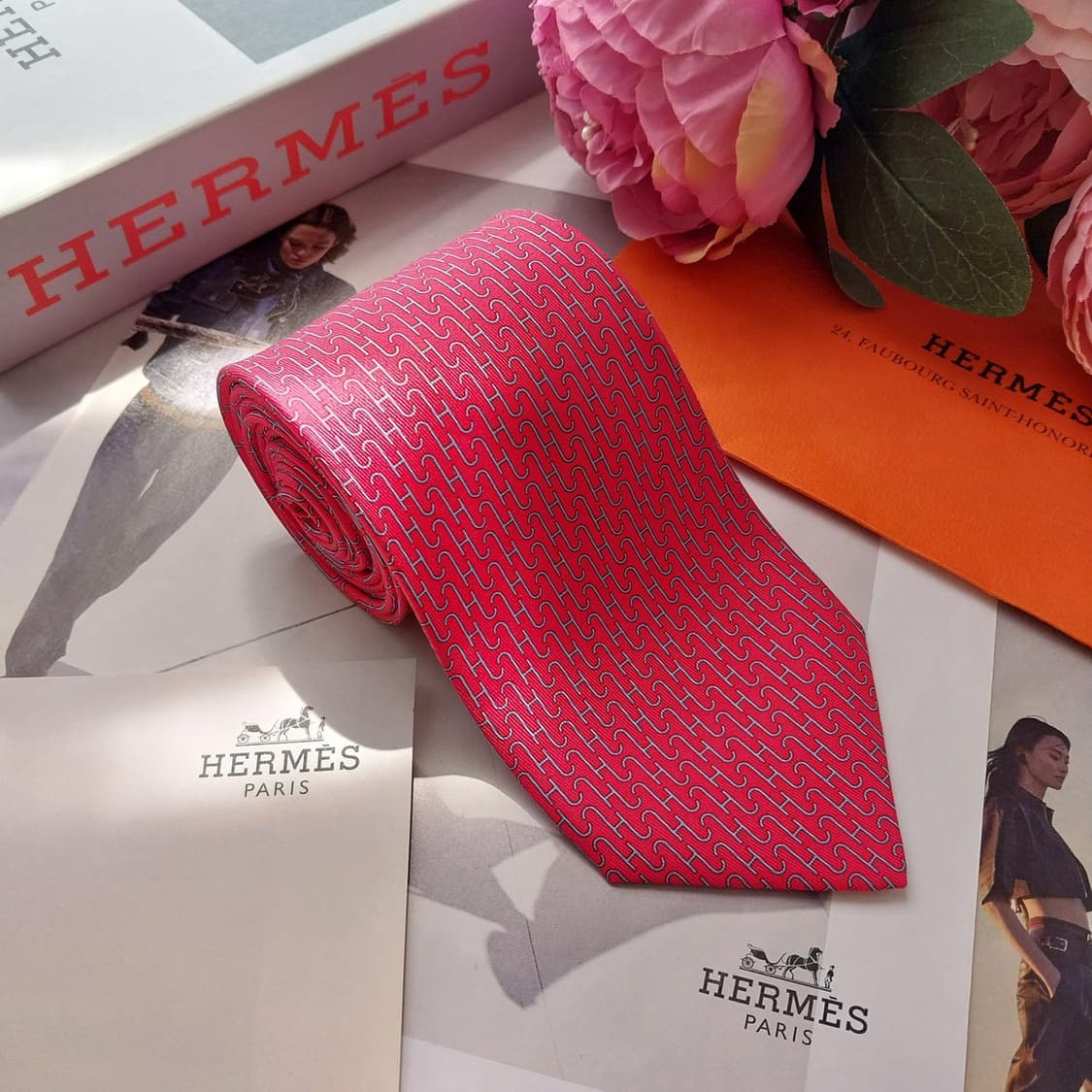 에르메스 실크 진핑크 H모티브 패턴 넥타이 8cm A+등급 K2591
 상품이미지3