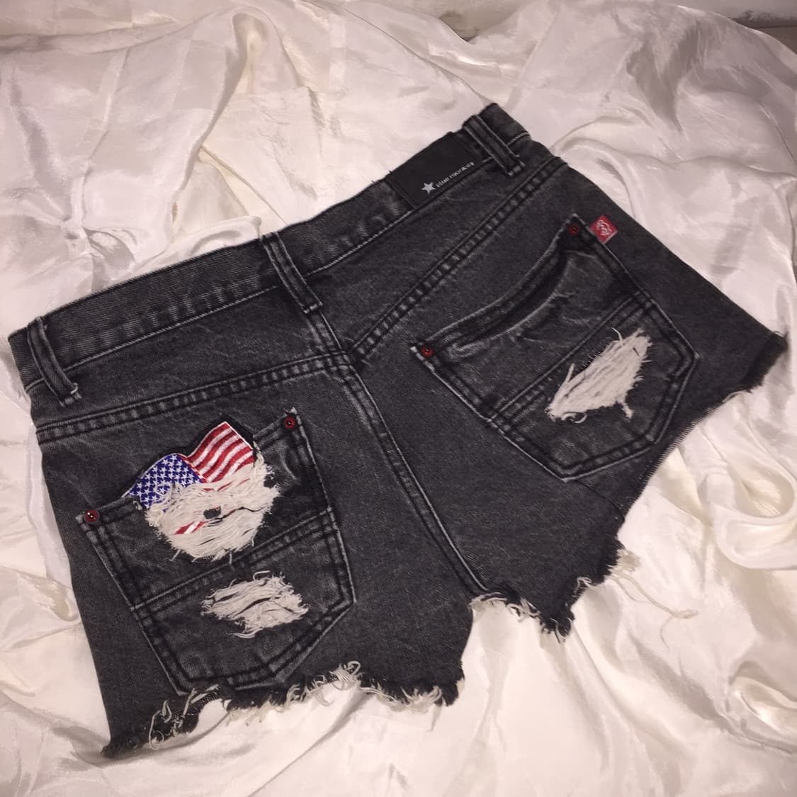 Vintage 고스펑크 갸루 성조기 데미지 흑청 로우 핫팬츠 상품이미지3