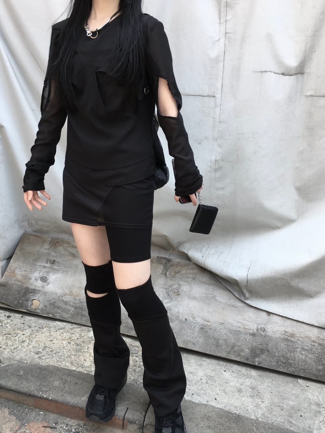 나체 슬릿 쉬폰 롱슬리브 블랙 상품이미지2