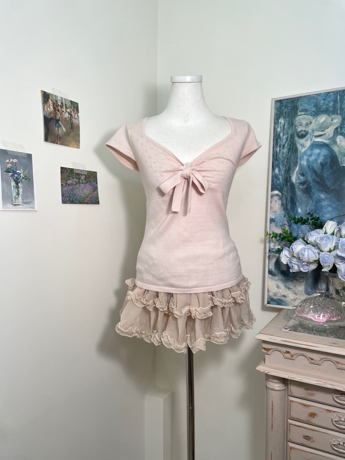 FEROUX milky pink bow crochet knit top 상품이미지1