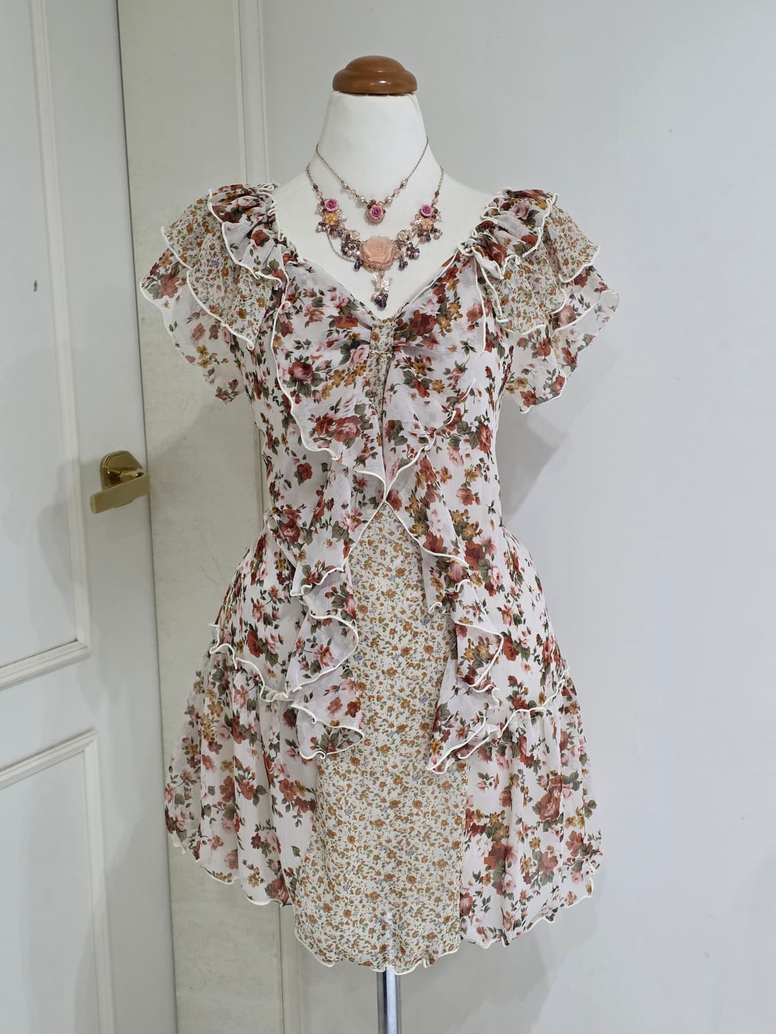 로사체리 일본빈티지)빅리본 스즈코모리걸 고전 로즈플로럴 프릴레이어드원피스 상품이미지1