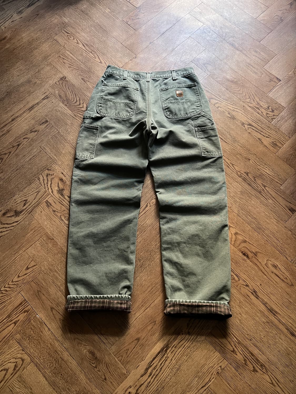 [33]칼하트 USA 체크 라이닝 모스그린 싱글니 워크팬츠 상품이미지6