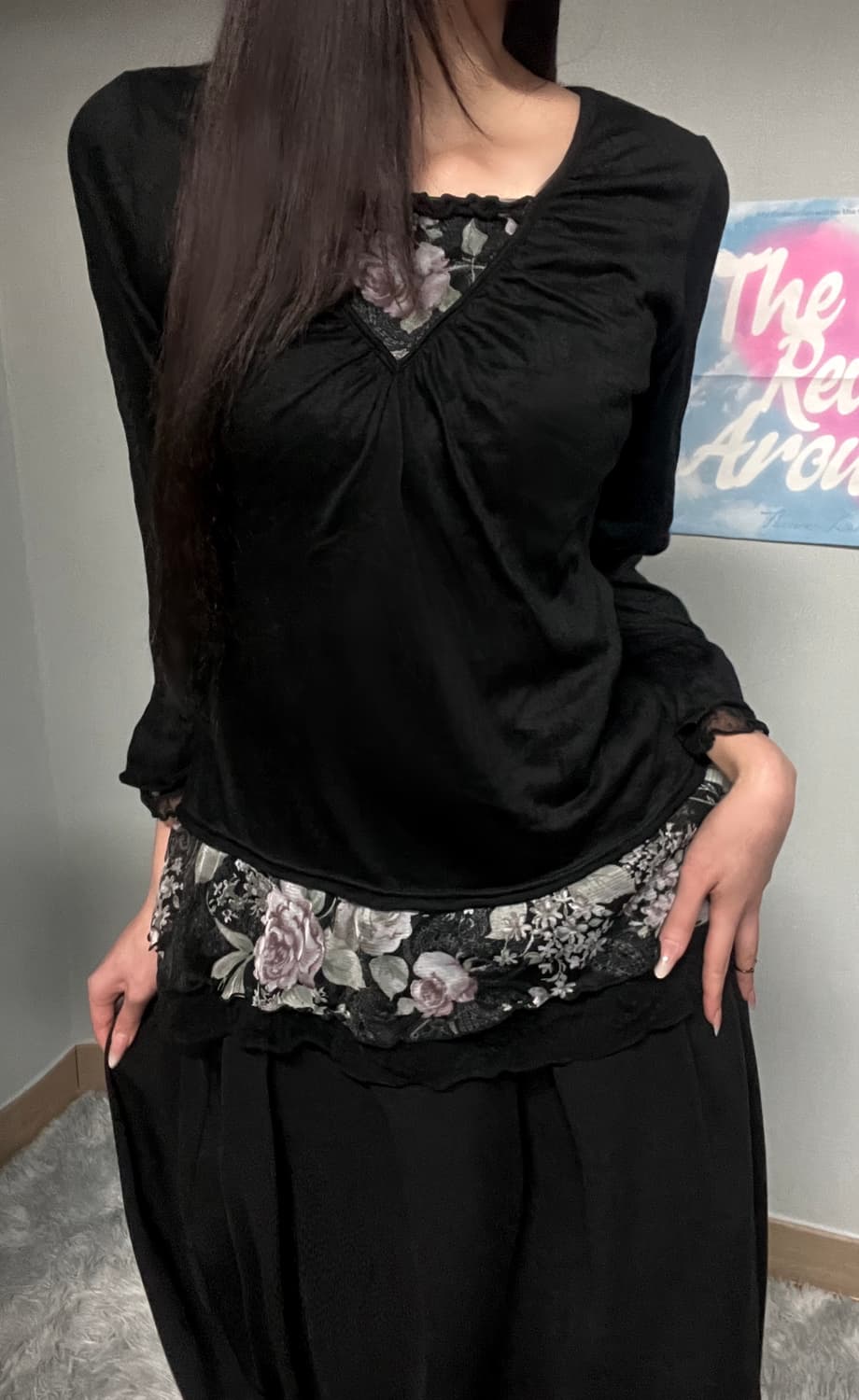 블랙 고딕 로즈 장미 프릴 레이스 셔링 쉬폰 레이어드 블라우스 상품이미지3
