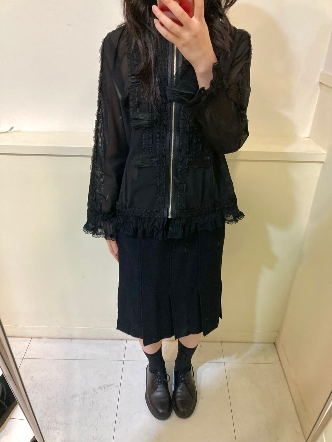 블랙 시스루 레이스 집업 블라우스 상품이미지8