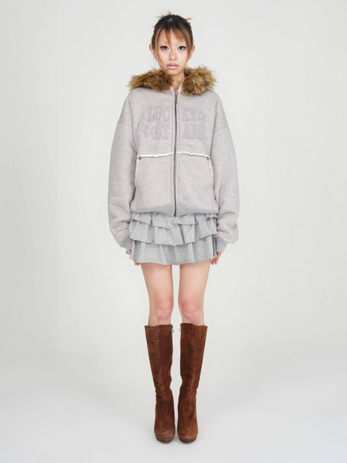 익스파이어드걸 보아 퍼 후드 집업 멜란지 그레이 상품이미지3