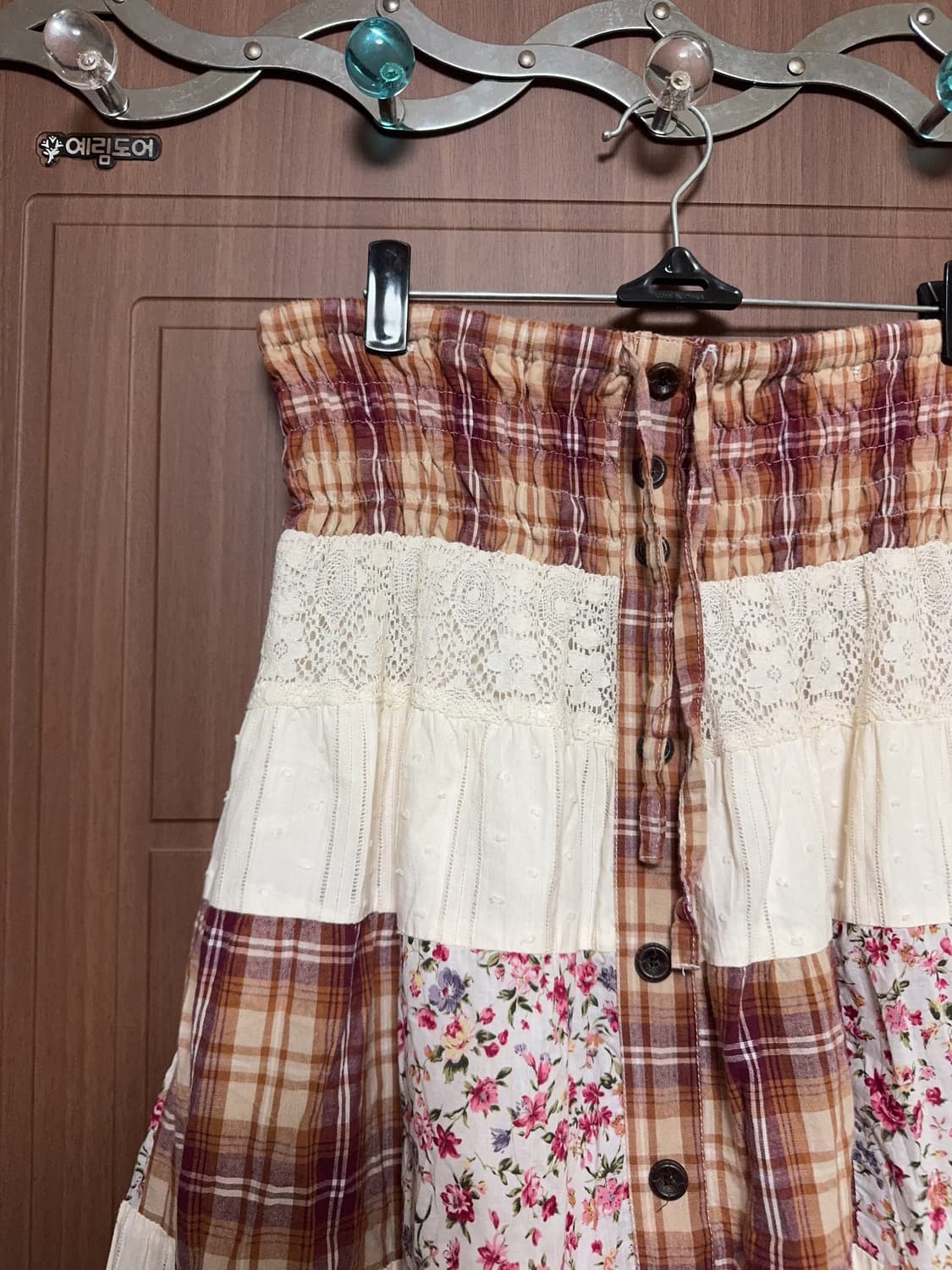 모리걸 하구미 일본 빈티지 패치워크 체크 레이스 도트 잔꽃 롱 스커트 상품이미지2