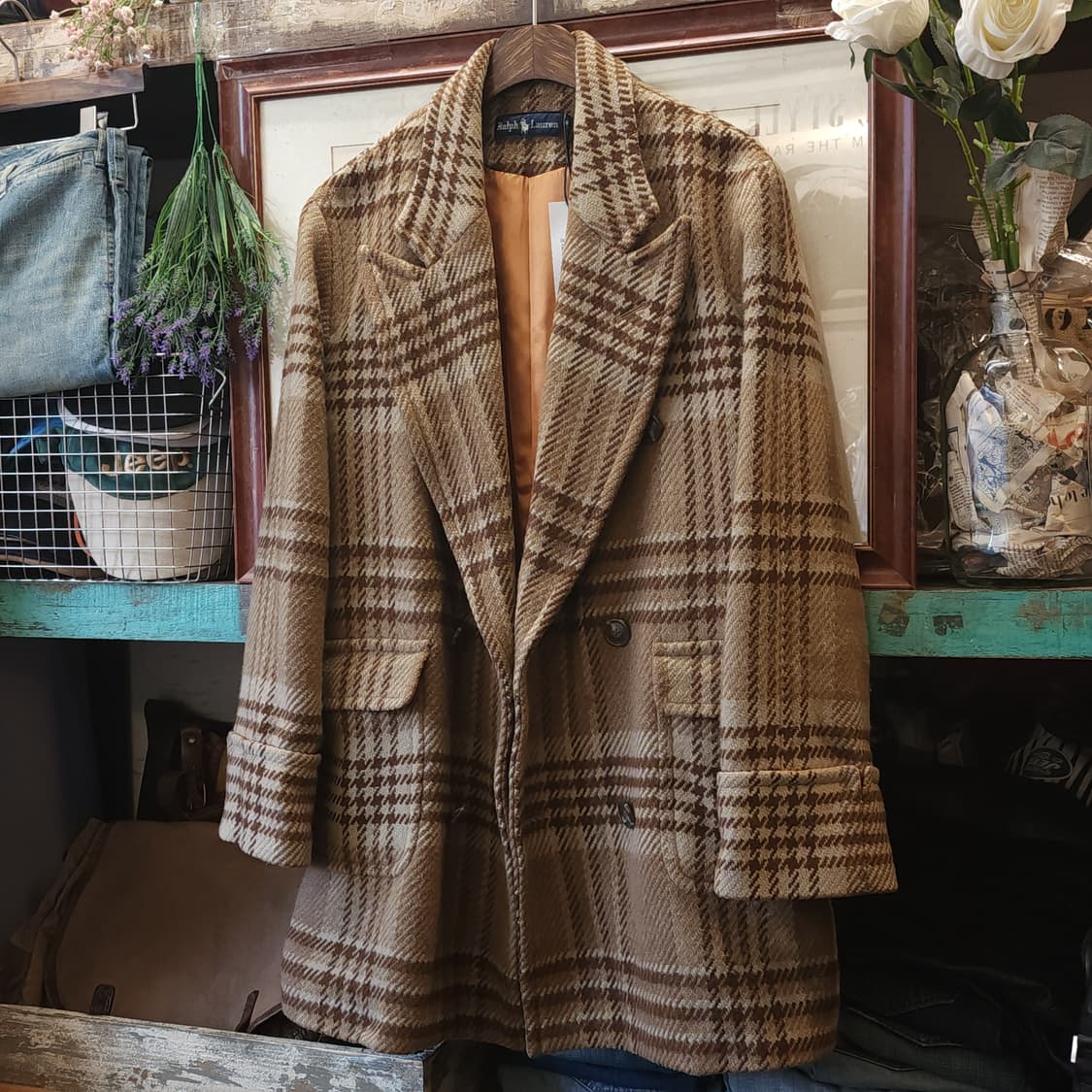 90s 폴로 랄프로렌 울코트 점보 하운드투스 패턴 더블 코트 상품이미지3
