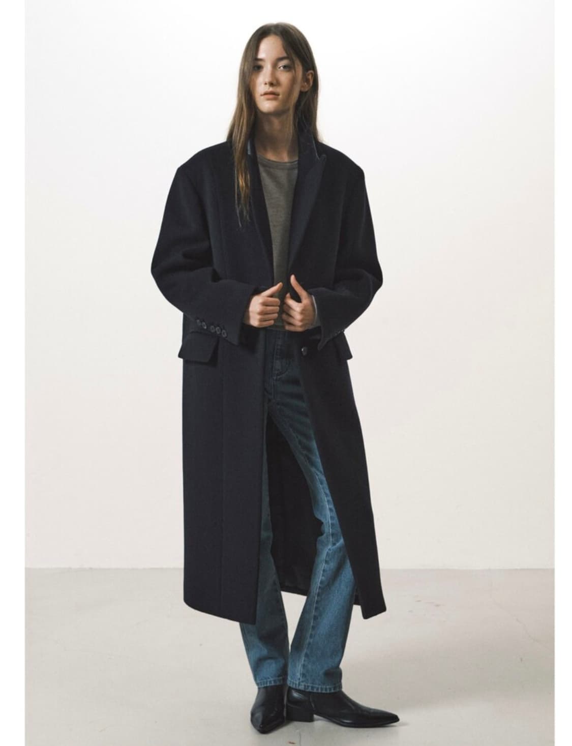 으음키임 울 캐시미어 카라 배색 롱코트 네이비 상품이미지1