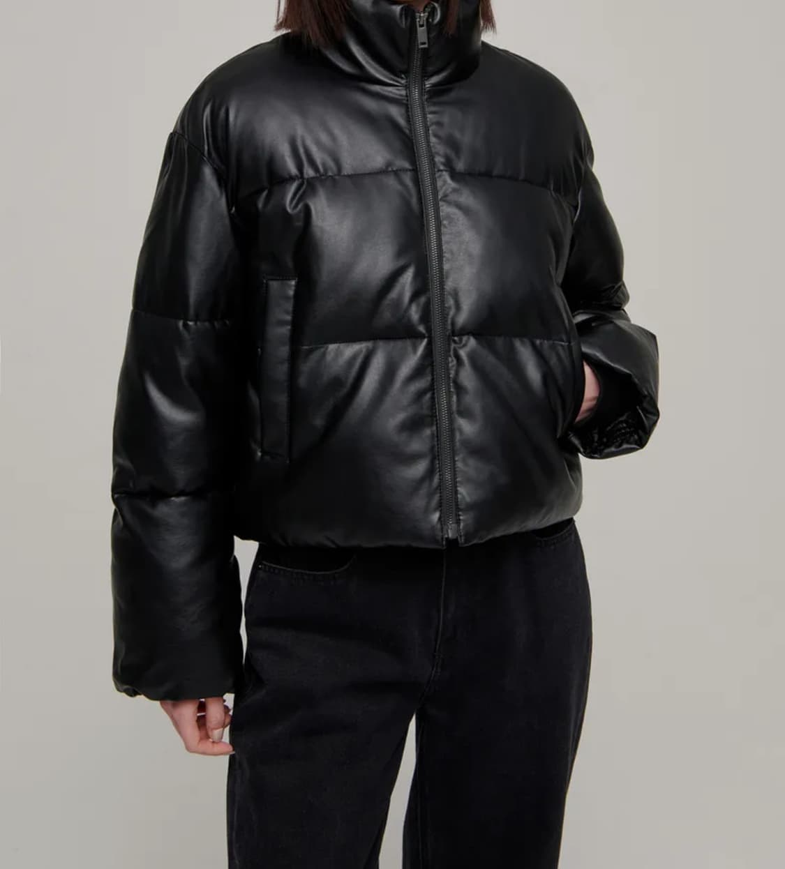우먼즈 신세틱 레더 푸퍼 숏 패딩 재킷 상품이미지1