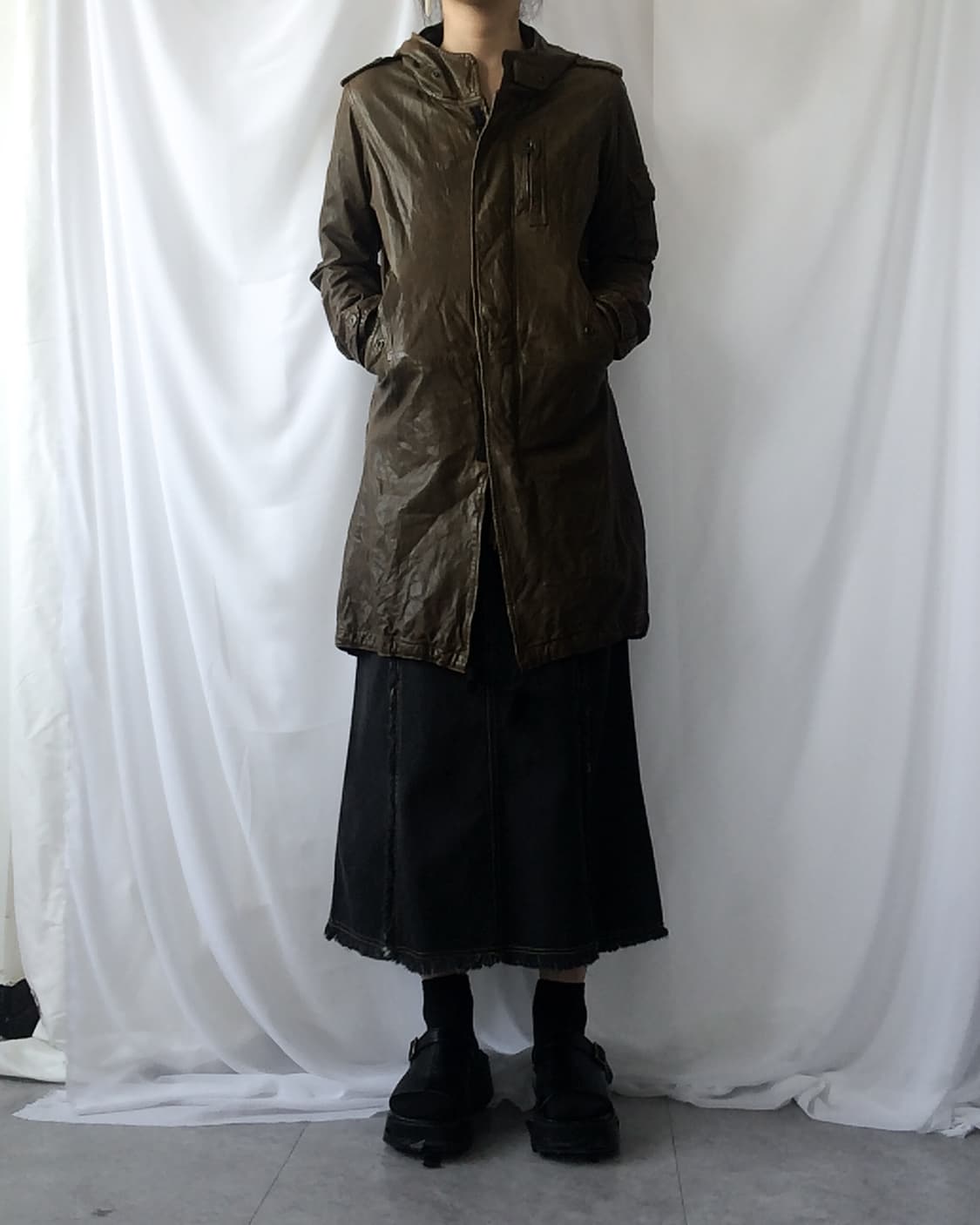 High neck long hood leather jacket 상품이미지1