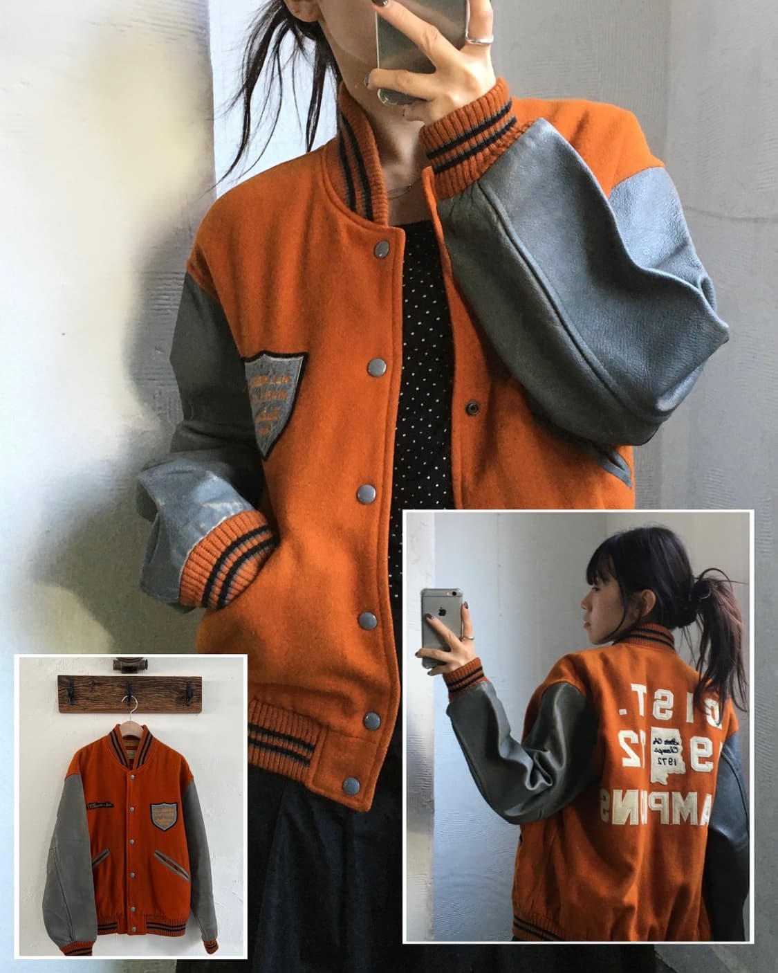 Vintage 오렌지/그레이 배색 레더슬리브 바시티 자켓 상품이미지1