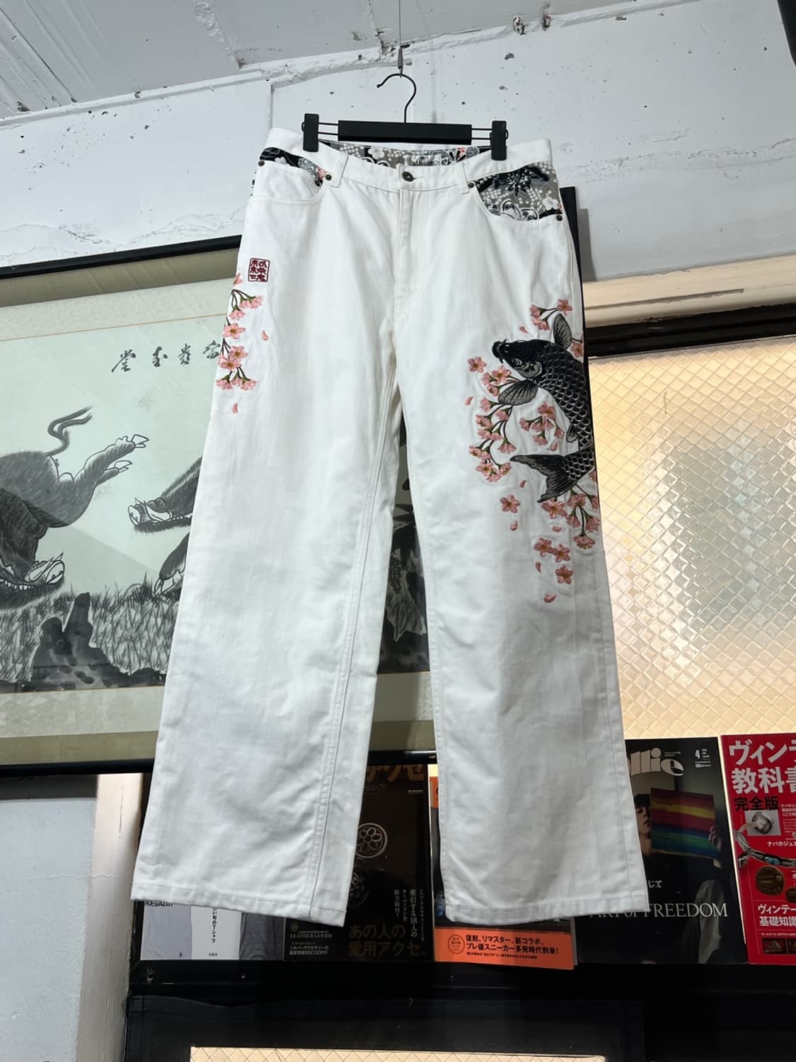 카라쿠리 타마시  Koi x Flower 자수 코튼 팬츠 상품이미지2