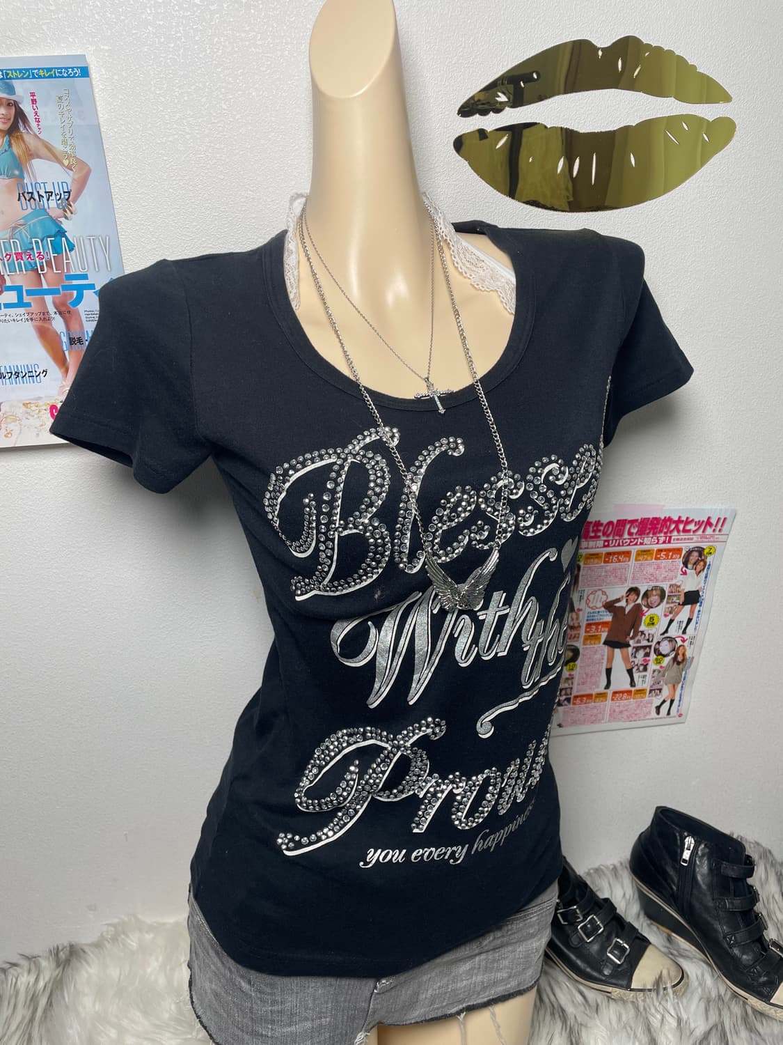 Y2k 블랙 큐빅 레터링 반팔티 상품이미지2