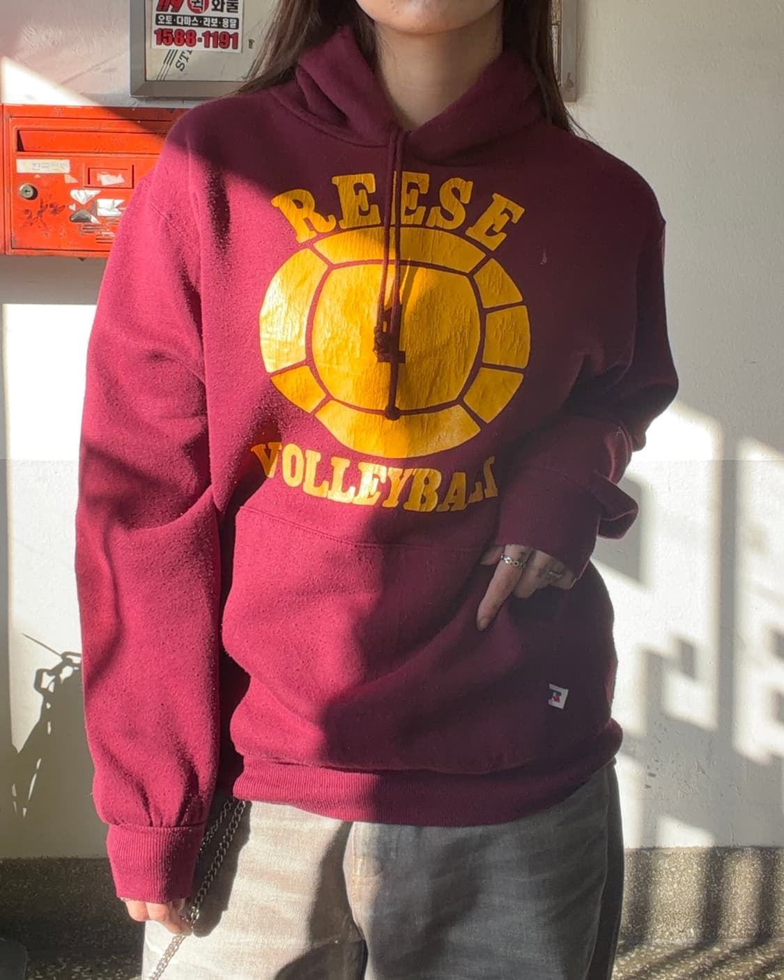 90s RUSSELL 올드스쿨 버건디 스웻후디 상품이미지1