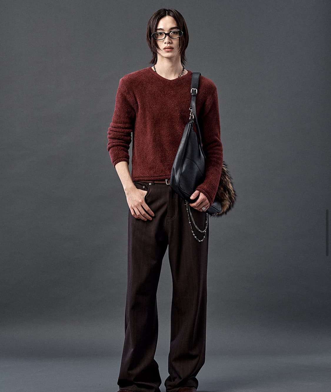 알렌느 헬렛 샤기 크롭 브이넥 버건디 1 상품이미지2