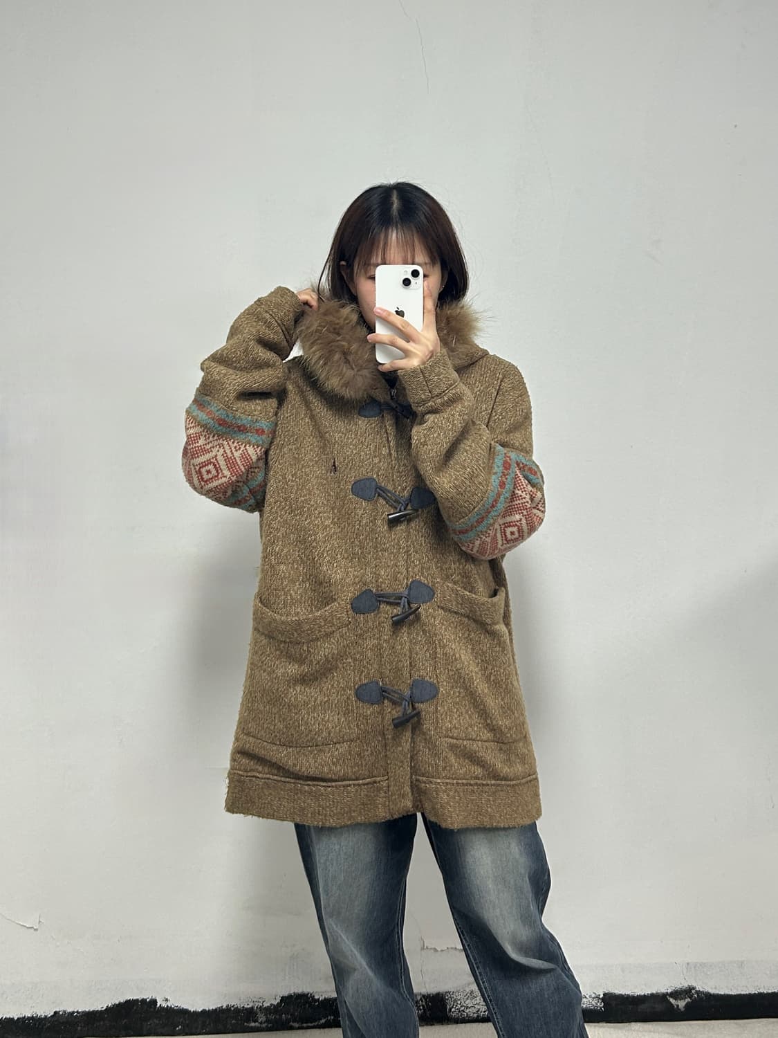  빈폴 자수로고 후드 퍼 베이지 더플 니트 자켓 상품이미지1