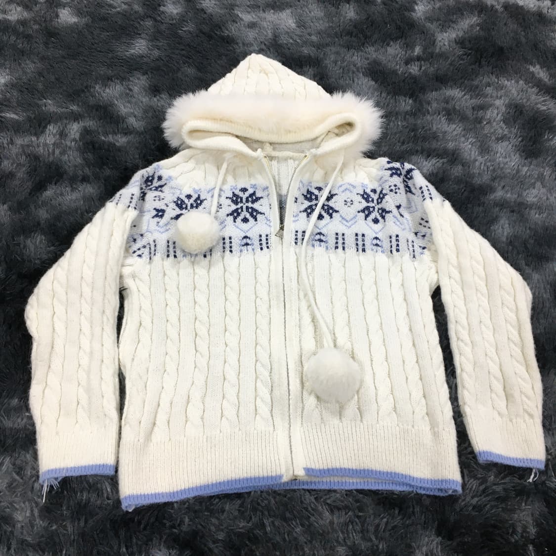 투티/0285 러블리 퍼 모자 폼폼 니트 노르딕 스포티 스웨터 집업 후드 상품이미지3