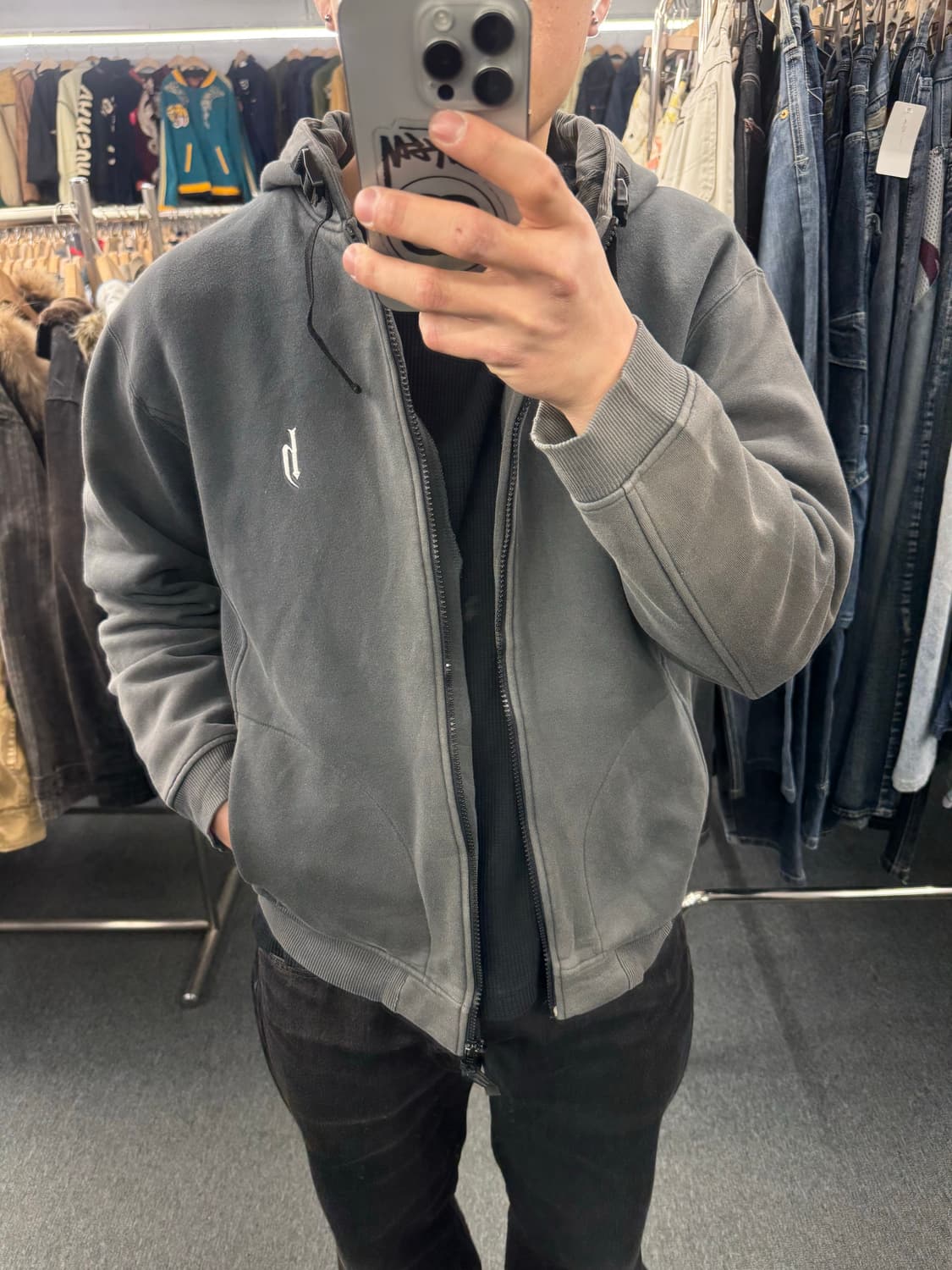 M)DJ Honda 빈티지 플리스 사이드 panel 디테일 차콜 후드집업 상품이미지1