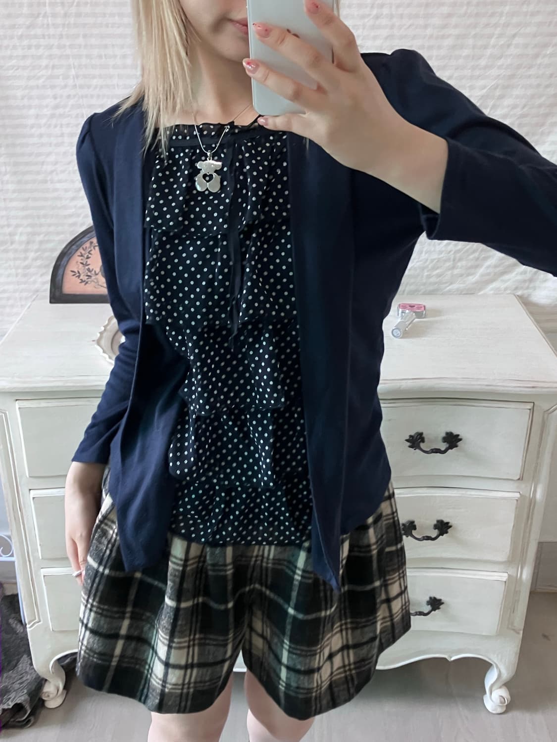 jpn vintage 네이비 도트 프릴 블라우스 롱 슬리브 상품이미지3