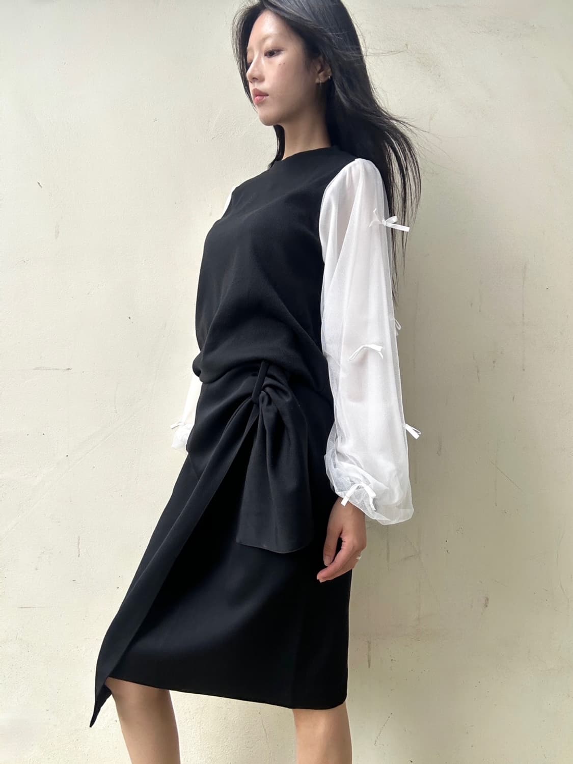 Ribbon mesh top / black & white 상품이미지5