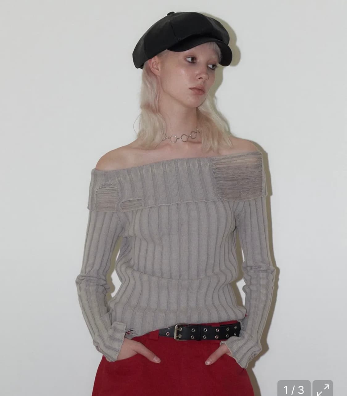 오디너리홀리데이 오프숄더 데미지 니트 [GRAY] 상품이미지1