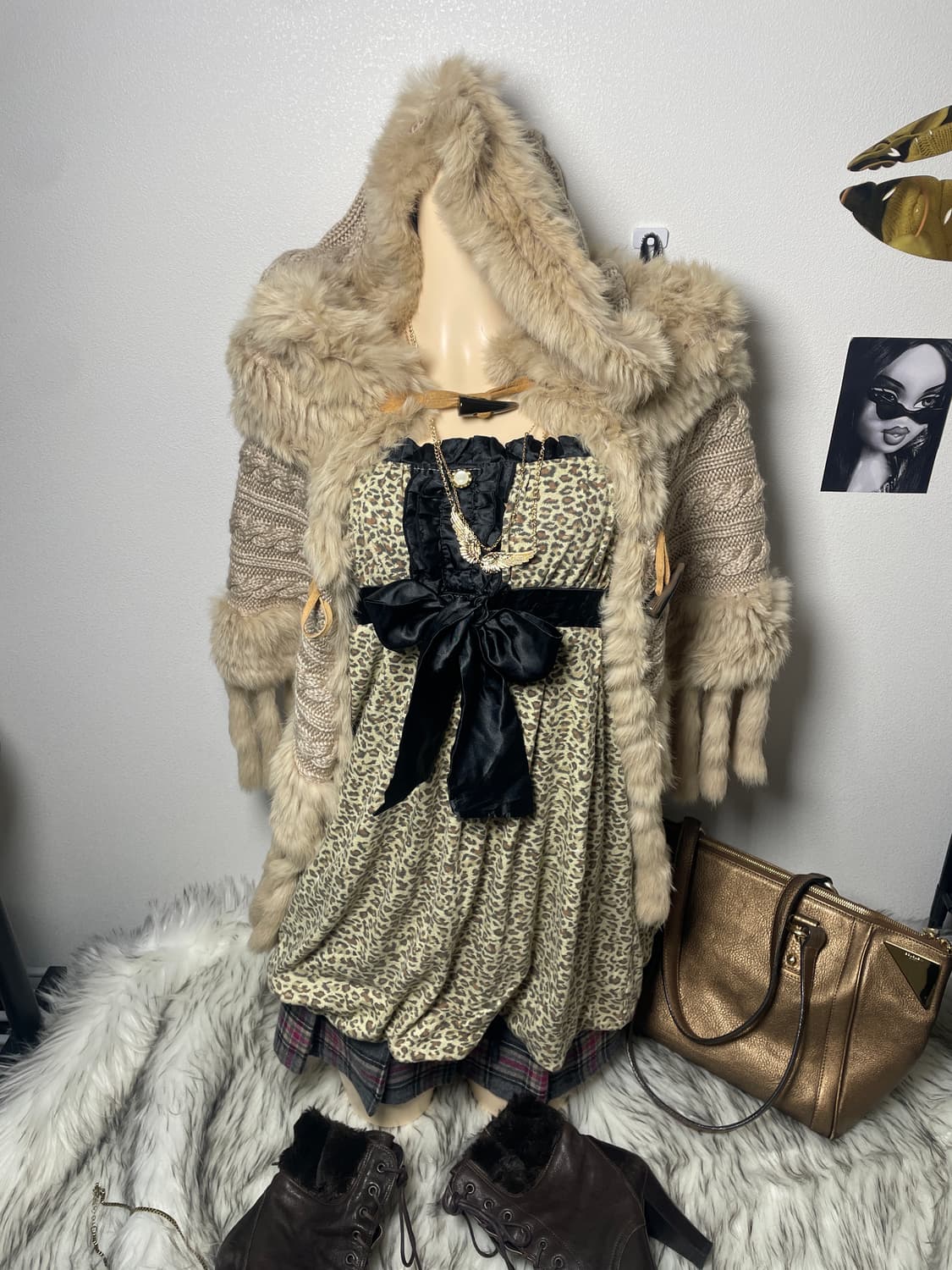 빈티지 갸루 래빗퍼케이프 호피 원피스 세트 상품이미지1