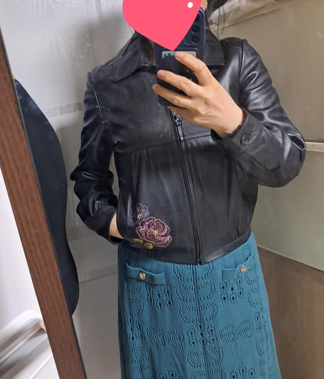 블랙 양가죽 자수 리얼가죽 자켓 55사이즈 상품이미지10