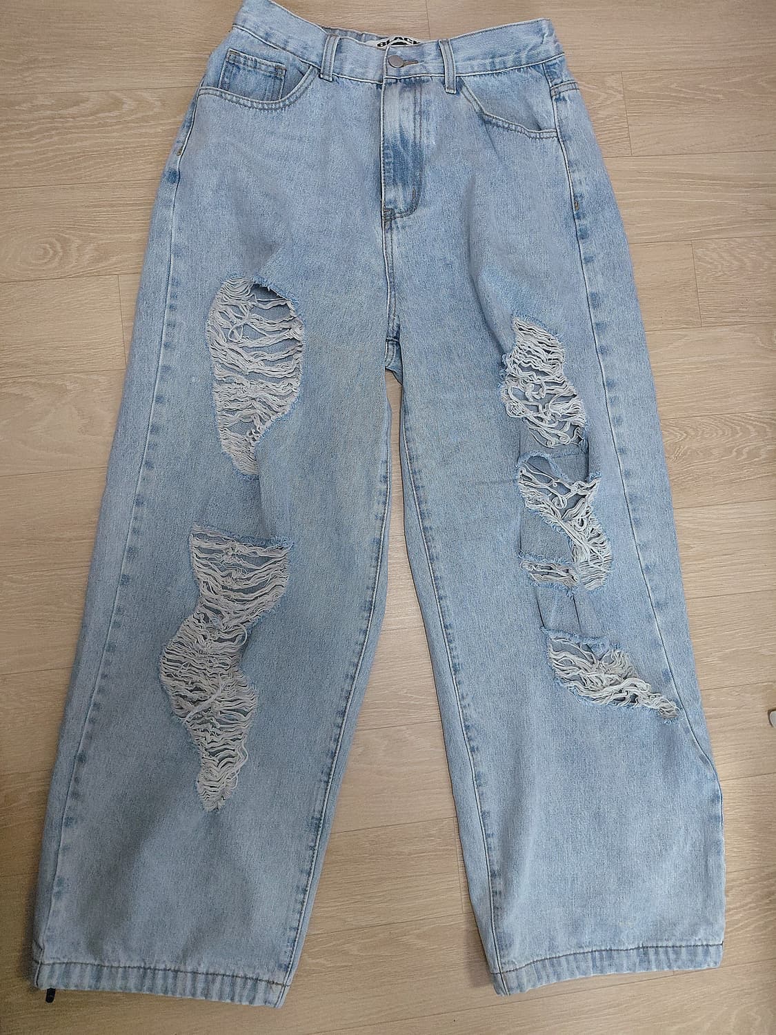 블랙업  BLACKUP 연청 찢청 밑단 스트링 데미지드 와이드진 상품이미지2