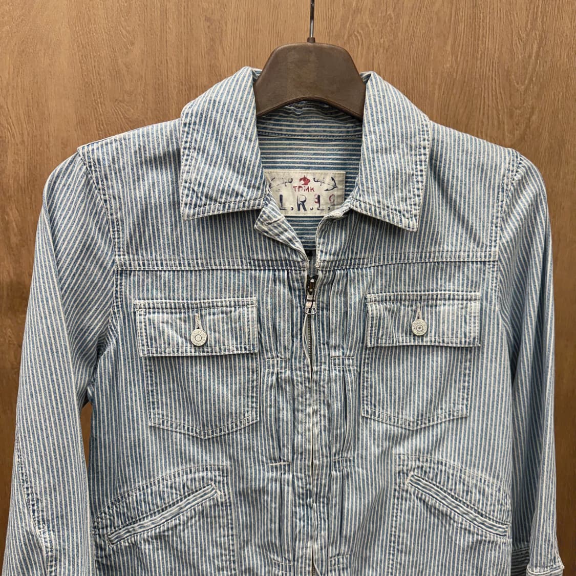 랄프 로렌 코튼 히코리 스트라이프 집업 자켓 워크 포켓 디테일 블루 상품이미지4