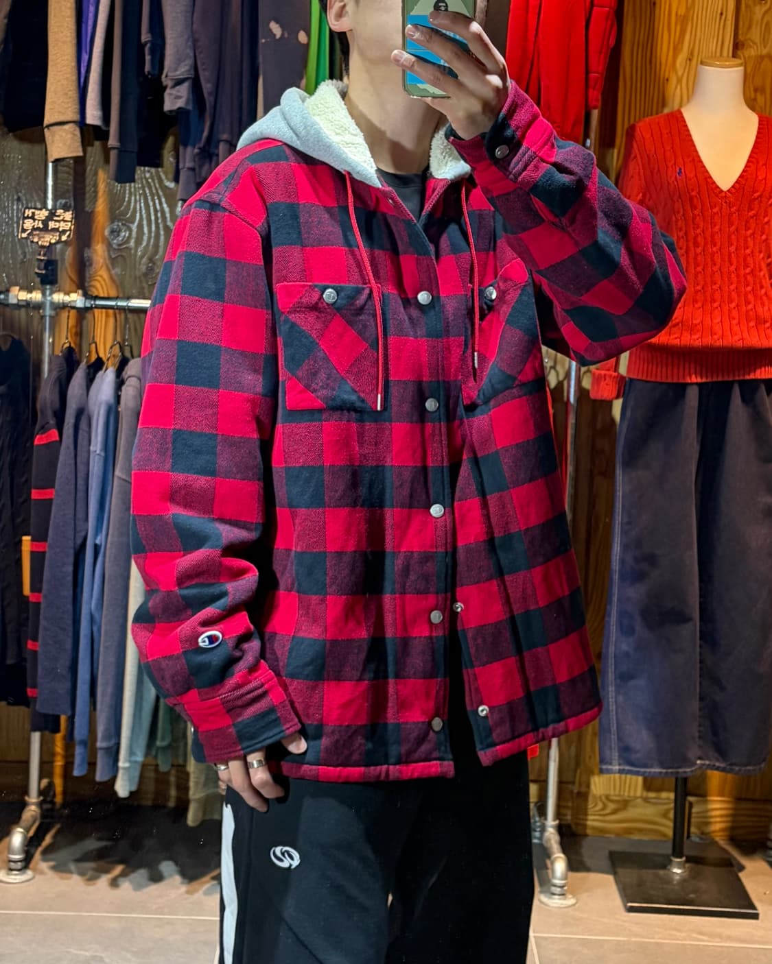 XL 챔피온 빅스펠링 타탄체크 쉐르파 후디 레이어링 자켓 상품이미지1