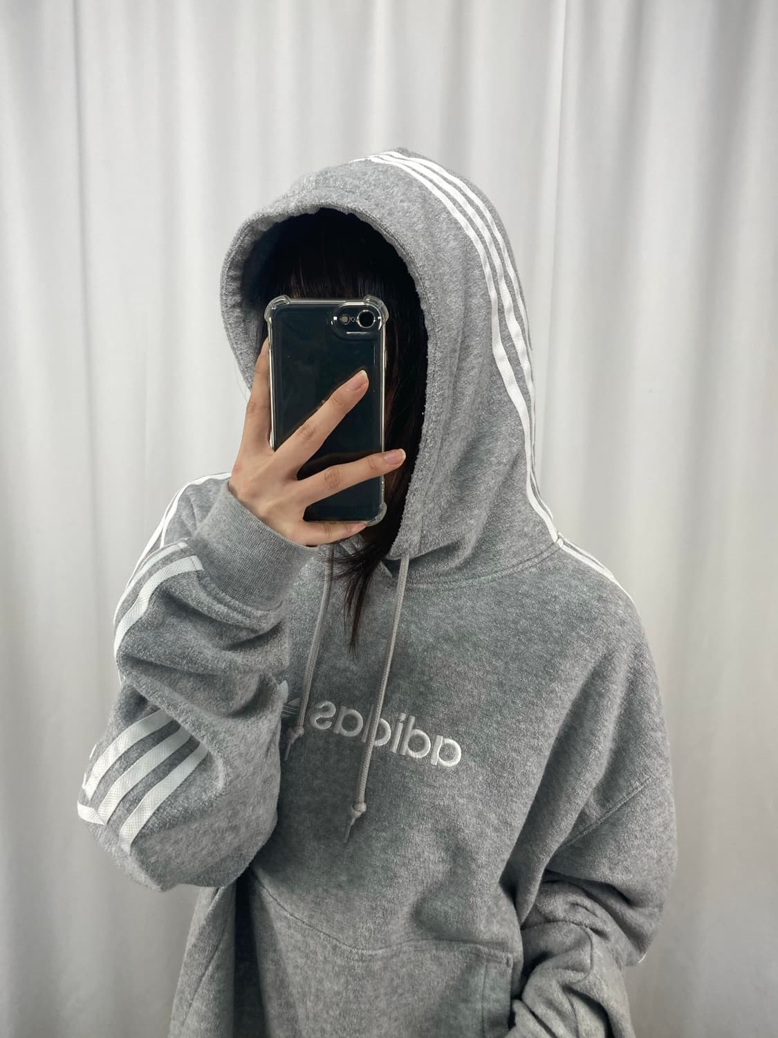 아디다스 삼선 부클 그레이 후드티 상품이미지4