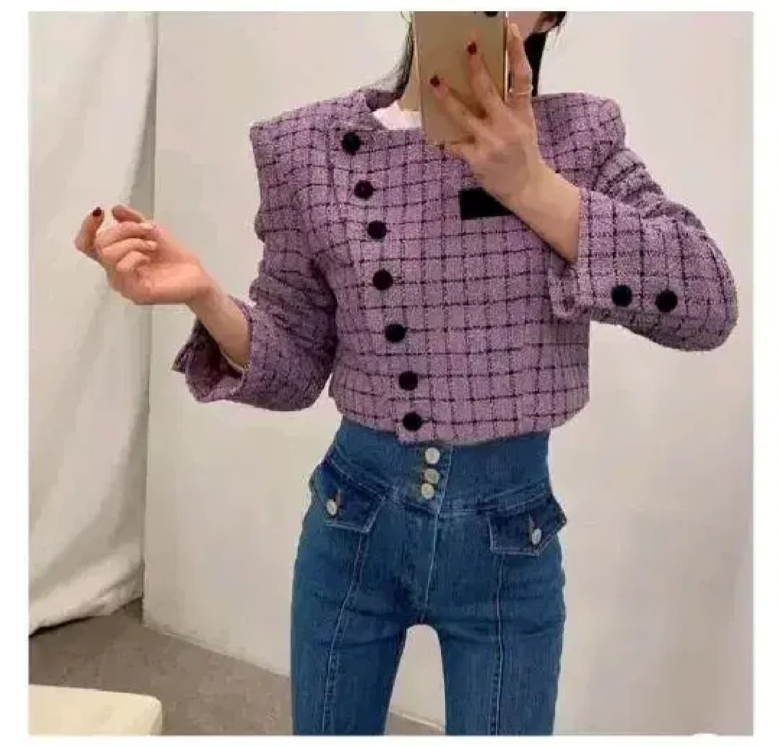 에이블리 사선버튼트위드자켓간절기가을겨울코트루즈핏크롭배색체크가디건라이더 상품이미지2