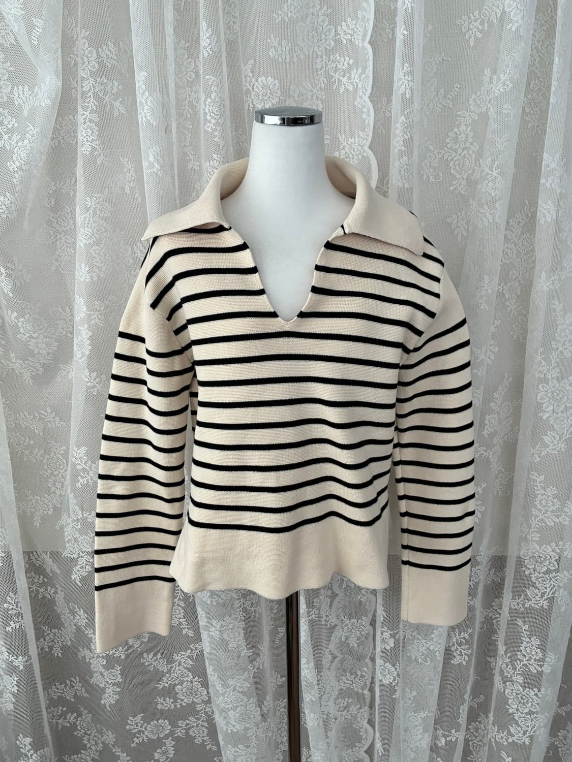 XS) 아르켓 오픈 카라 스트라이프 니트 아이보리 상품이미지1