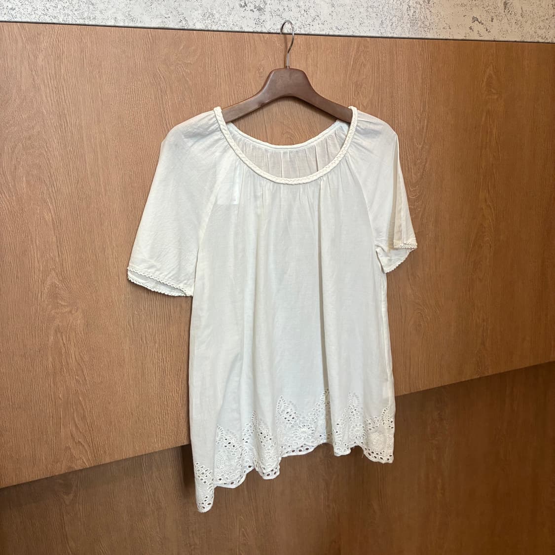빈티지 반팔 블라우스 펀칭 레이스 라운드넥 루즈핏 아이보리 k65 상품이미지1