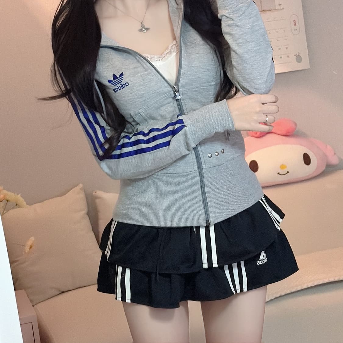 [희귀매물] 아디다스 대장급 딱붙핏 그레이 퍼플 후드집업 85 상품이미지3